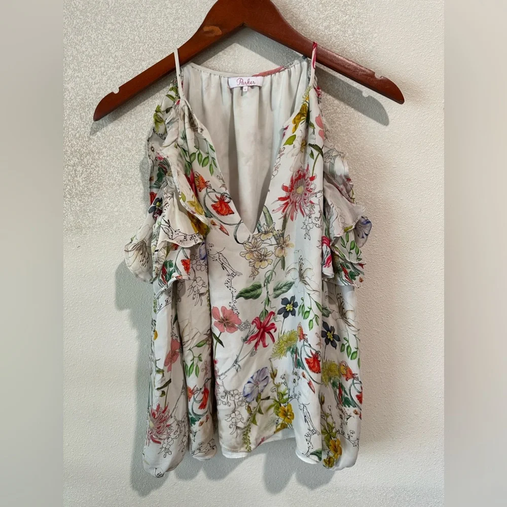 Parker Womens White Floral Silk long sleeve Cold
Shoulder Blouse - Picture 3 of 6